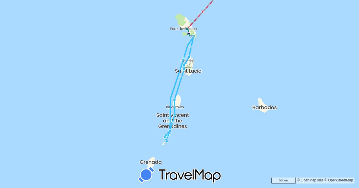 TravelMap itinerary: driving, plane, boat, avion, bateau, voiture in France, Grenada, Saint Lucia, Martinique, Saint Vincent and the Grenadines (Europe, North America)