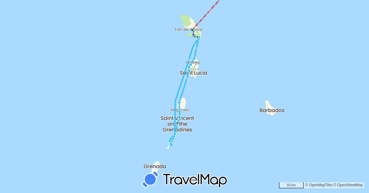 TravelMap itinerary: driving, plane, boat, avion, voiture in France, Grenada, Saint Lucia, Martinique, Saint Vincent and the Grenadines (Europe, North America)