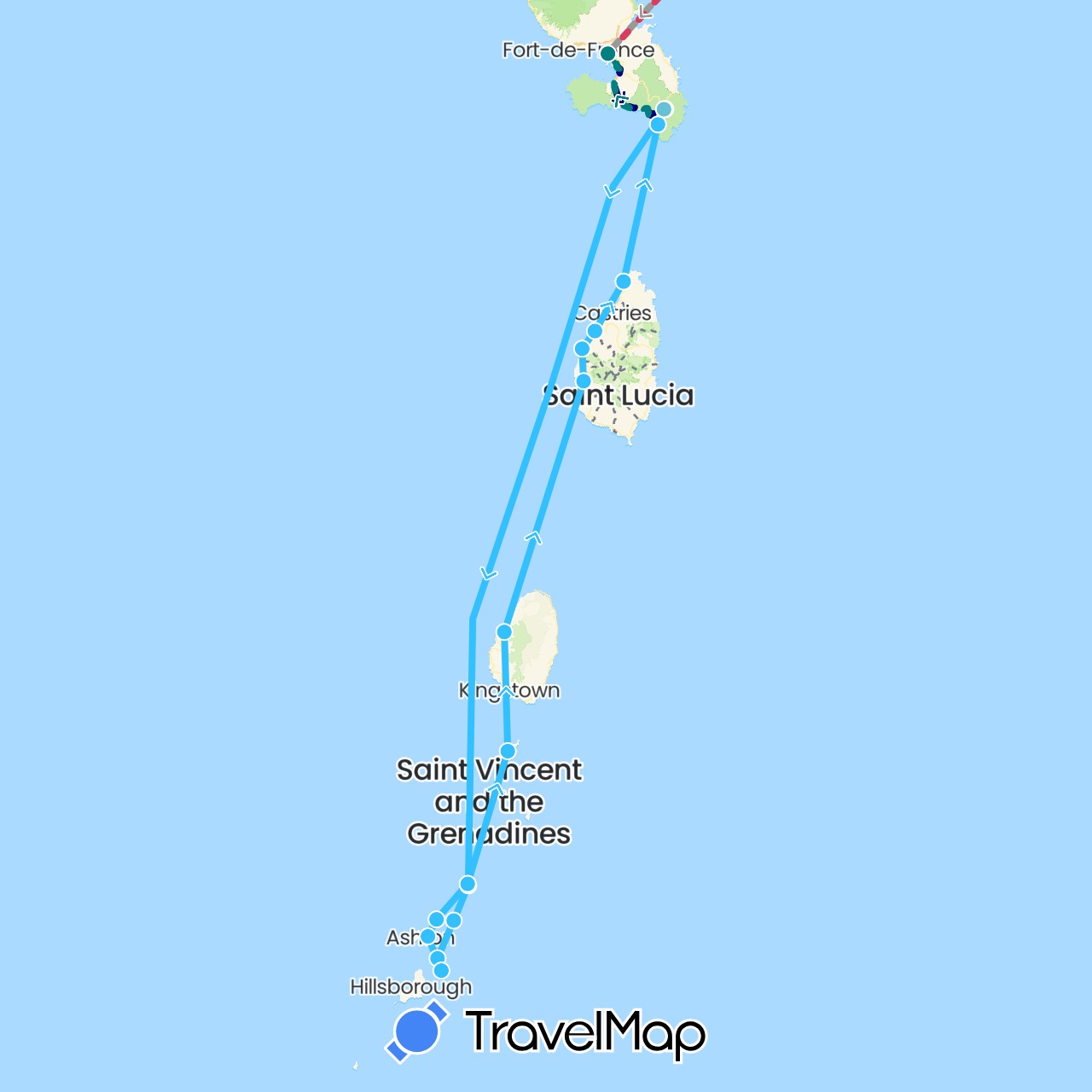 TravelMap itinerary: driving, plane, boat, avion, voiture in France, Grenada, Saint Lucia, Martinique, Saint Vincent and the Grenadines (Europe, North America)