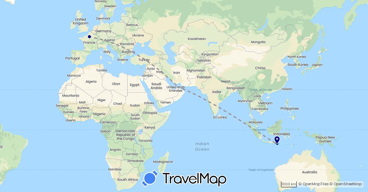 TravelMap itinerary: driving, plane, boat, bateau in United Arab Emirates, France, Indonesia (Asia, Europe)