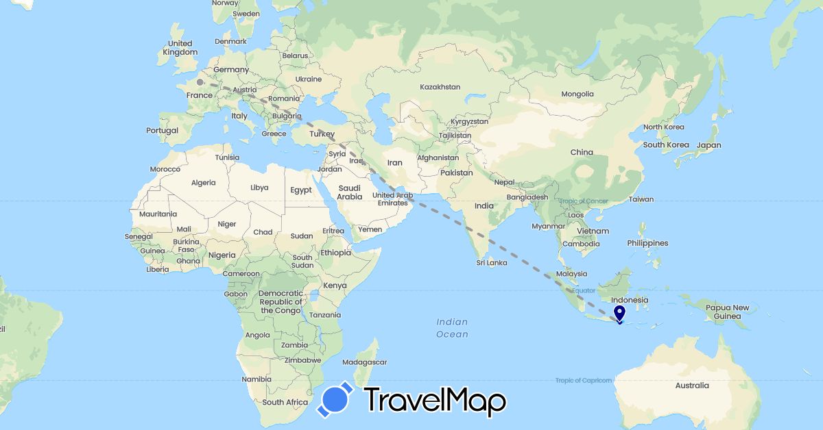 TravelMap itinerary: driving, plane, boat in United Arab Emirates, France, Indonesia (Asia, Europe)