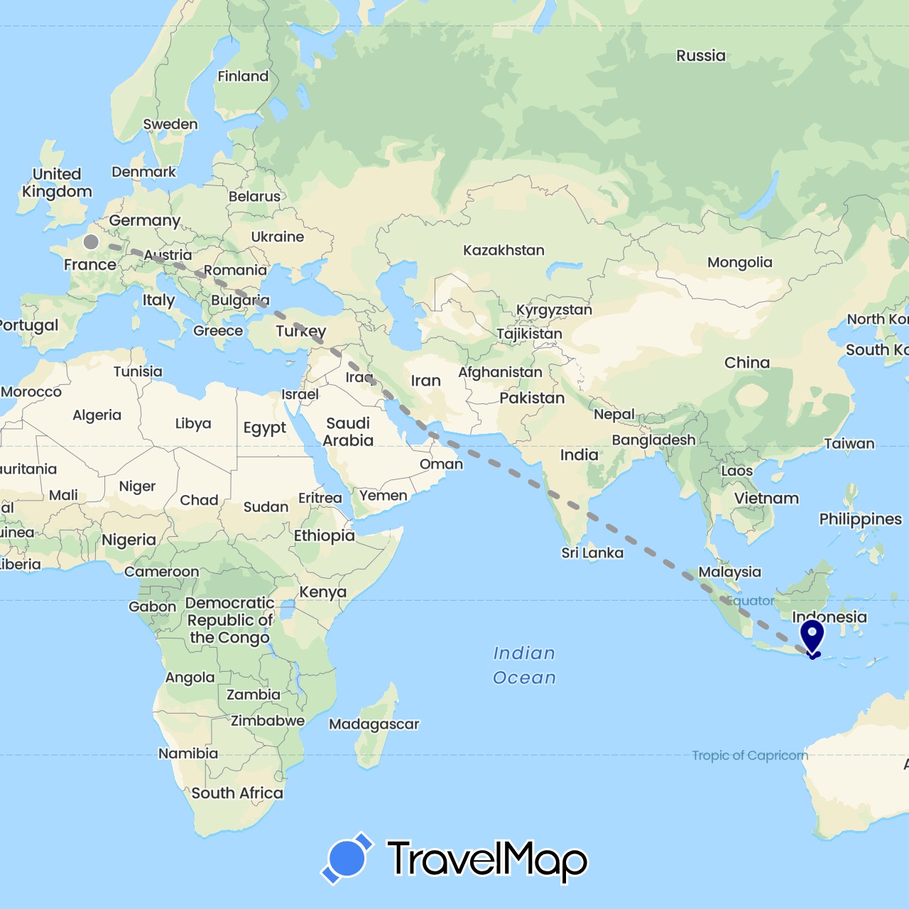TravelMap itinerary: driving, plane, boat in United Arab Emirates, France, Indonesia (Asia, Europe)