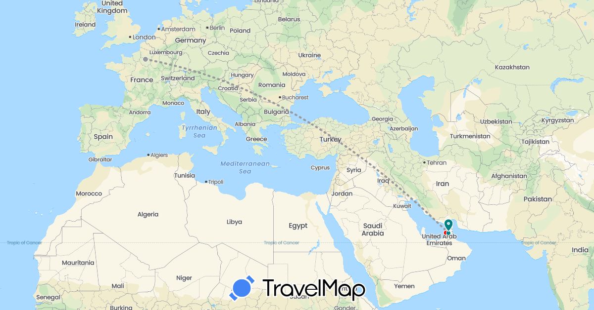 TravelMap itinerary: driving, plane, electric vehicle, voiture, metro in United Arab Emirates, France (Asia, Europe)