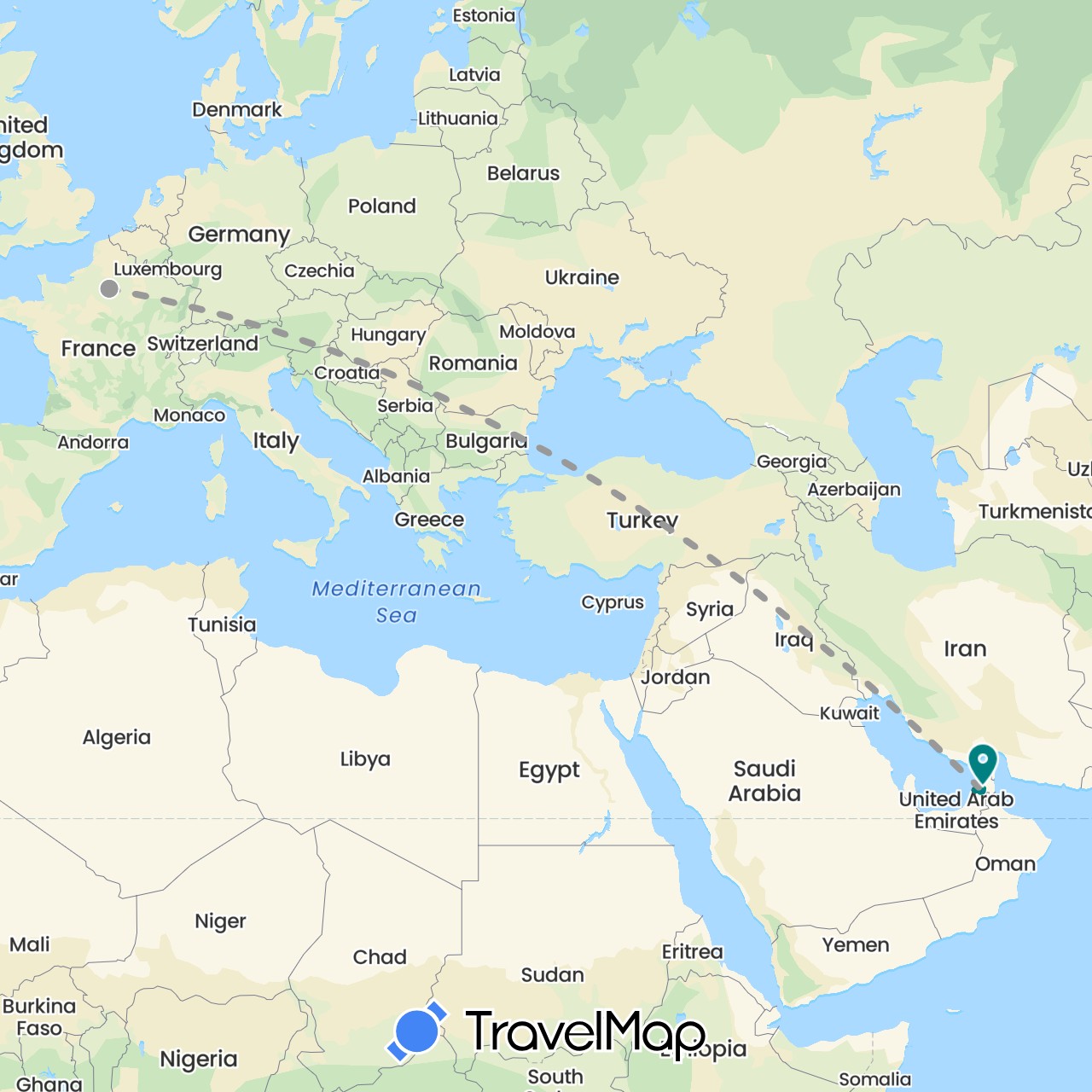 TravelMap itinerary: driving, plane, electric vehicle, voiture, metro in United Arab Emirates, France (Asia, Europe)