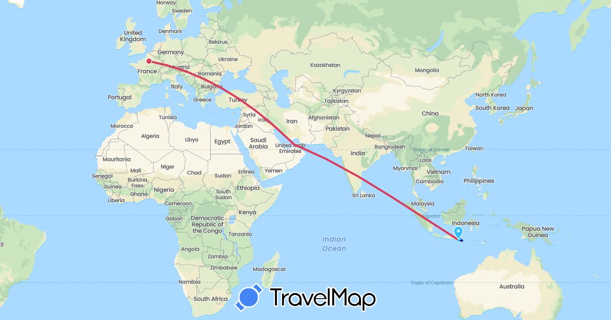 TravelMap itinerary: driving, boat, avion in United Arab Emirates, France, Indonesia (Asia, Europe)