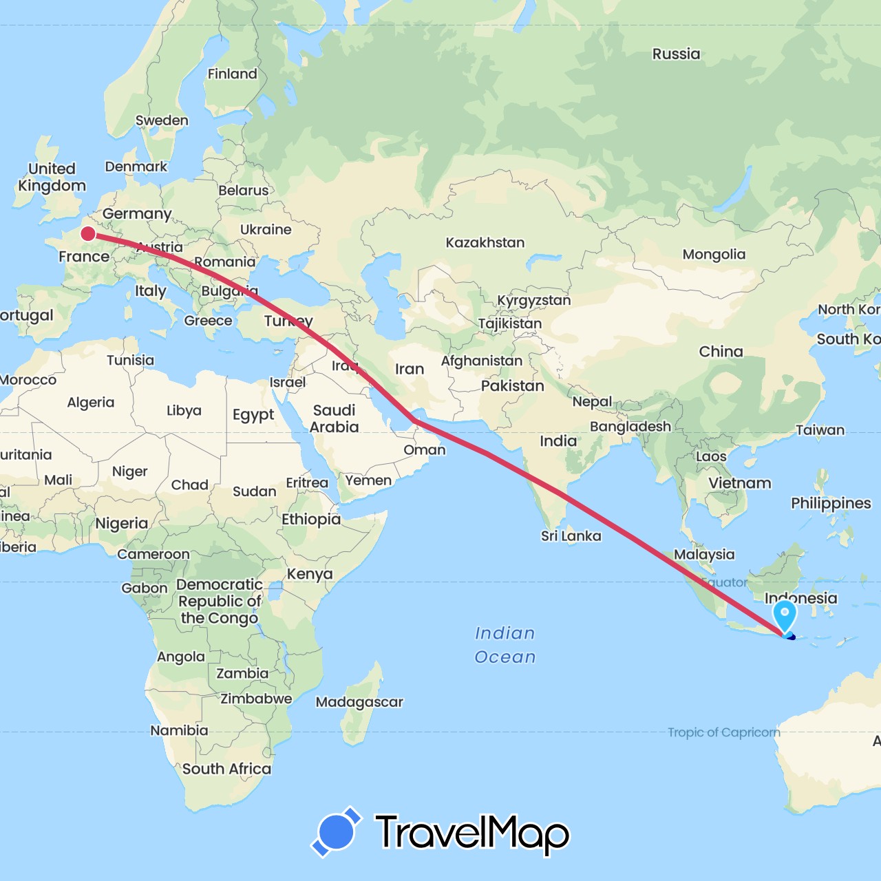 TravelMap itinerary: driving, boat, avion in United Arab Emirates, France, Indonesia (Asia, Europe)
