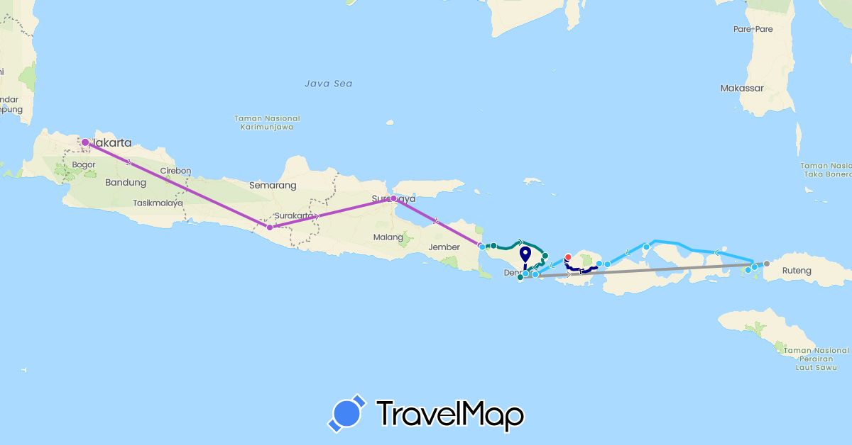 TravelMap itinerary: driving, plane, train, hiking, boat, avion, voiture, bateau privé in Indonesia (Asia)