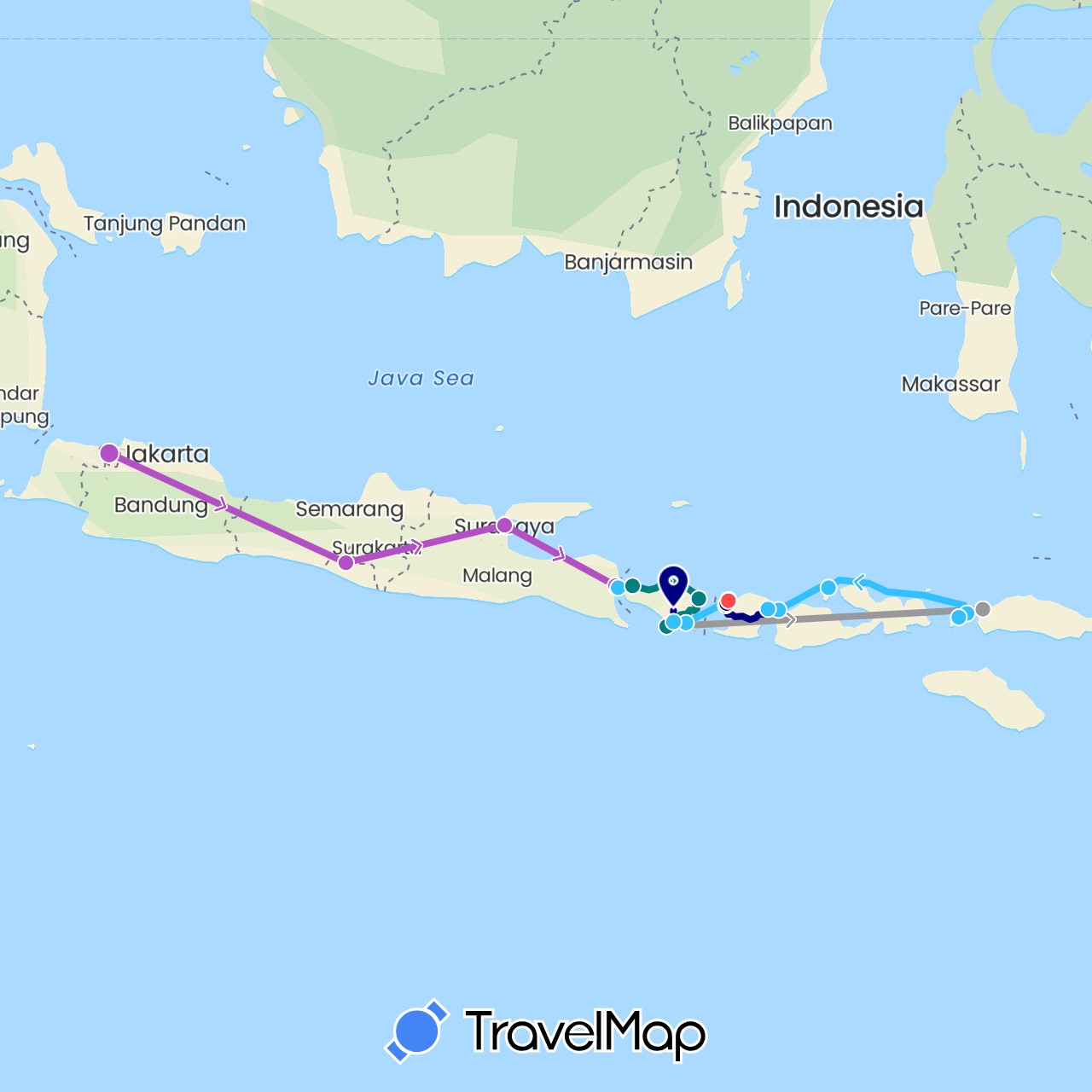 TravelMap itinerary: driving, plane, train, hiking, boat, avion, voiture, bateau privé in Indonesia (Asia)