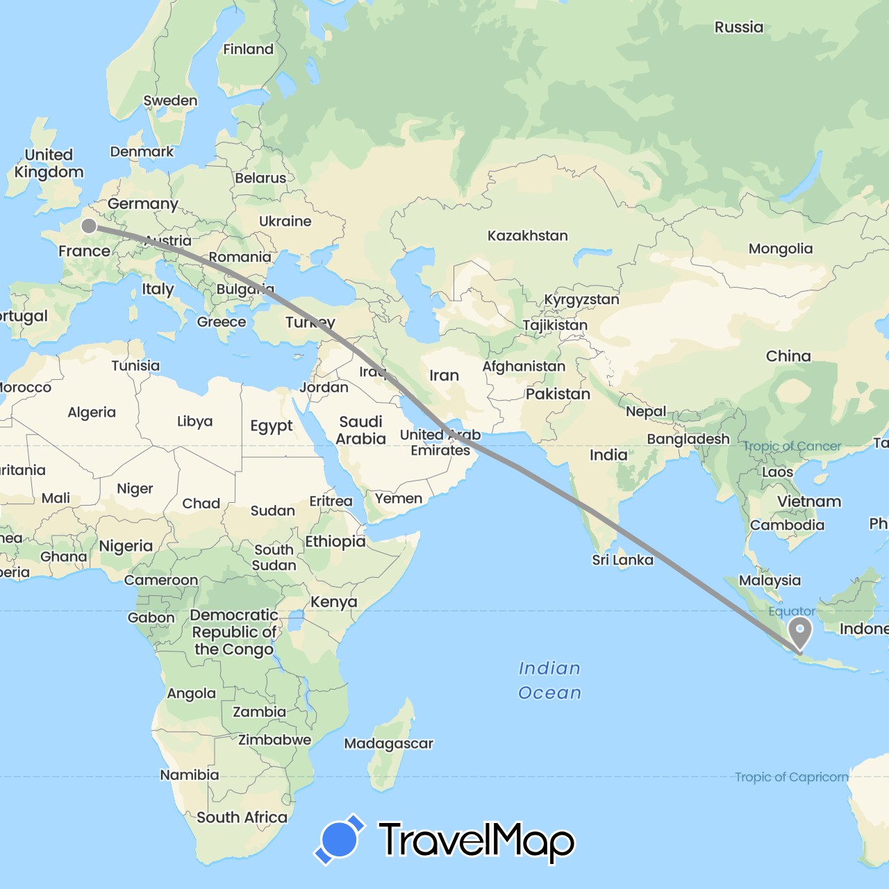 TravelMap itinerary: driving, plane in United Arab Emirates, France, Indonesia (Asia, Europe)