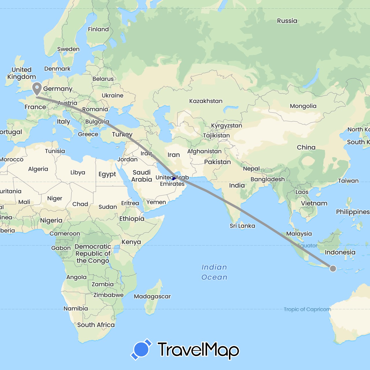 TravelMap itinerary: driving, plane in United Arab Emirates, France, Indonesia (Asia, Europe)
